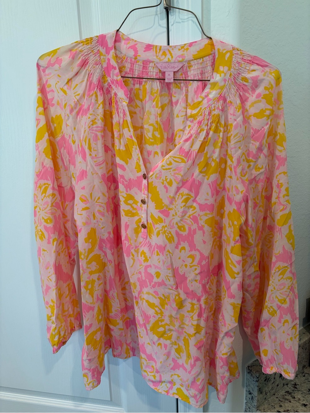 Lilly Pulitzer Elsa Ooh La La Silk Long Sleeve Pink Yellow Blouse